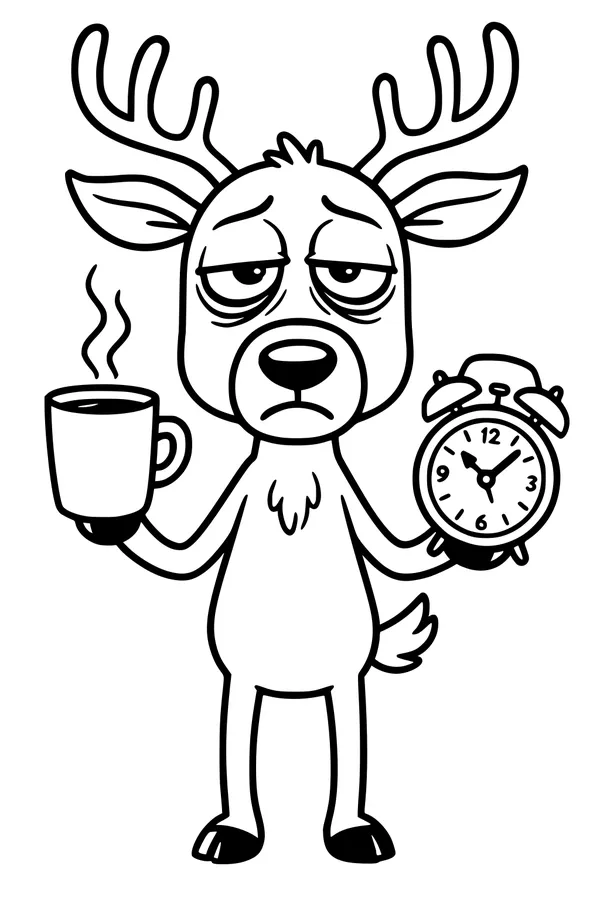 Free Deer Coloring Page - Sleepy Cartoon Deer With Alarm Clock (Printable PDF)