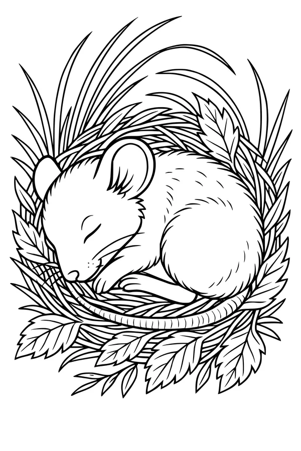 Free Mouse Coloring Page - Sleepy Mouse in Leafy Forest Nest (Printable PDF)