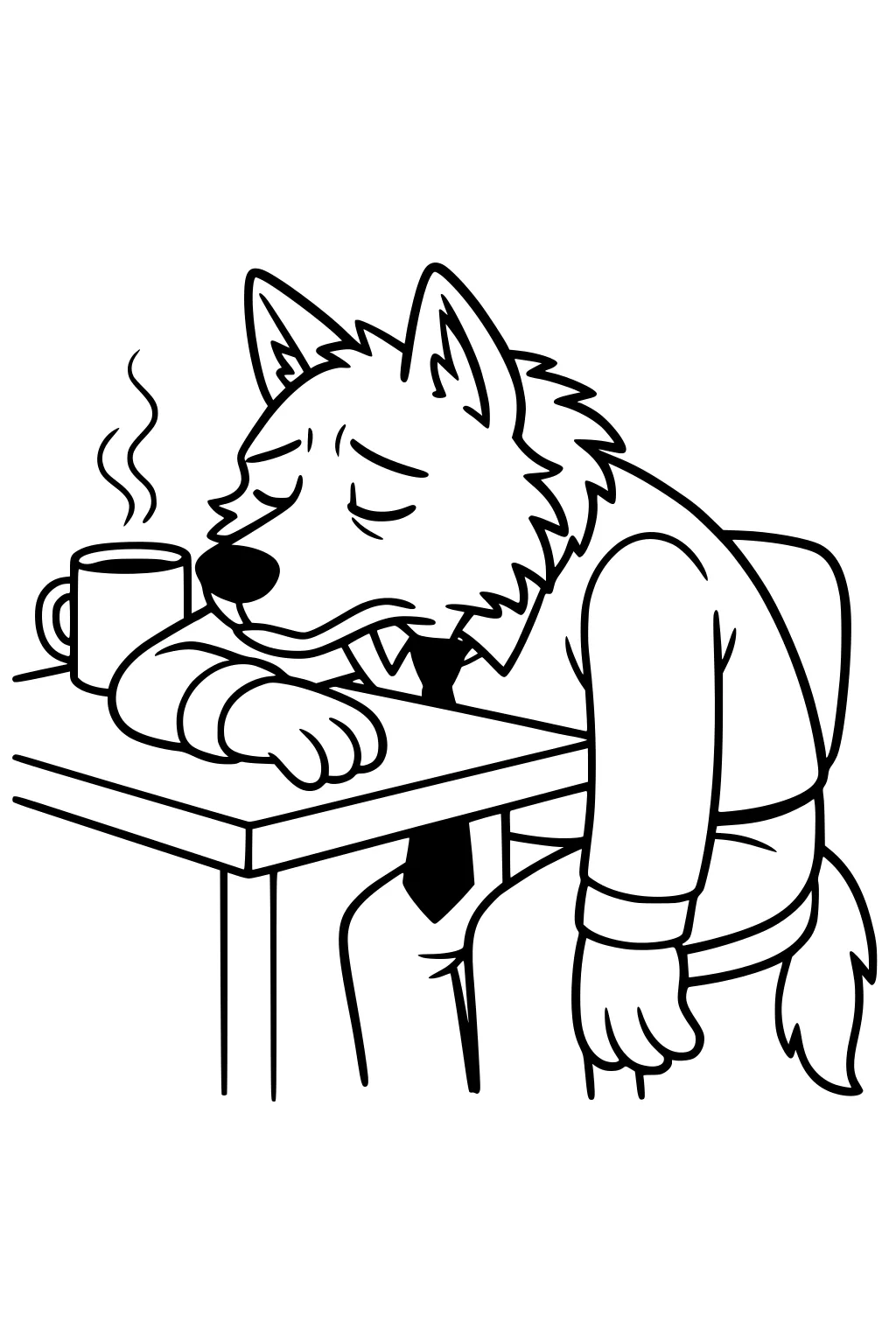 Sleepy cartoon wolf in shirt and tie slumps at a table beside a steaming mug, head on paw, tail dangling from the chair.