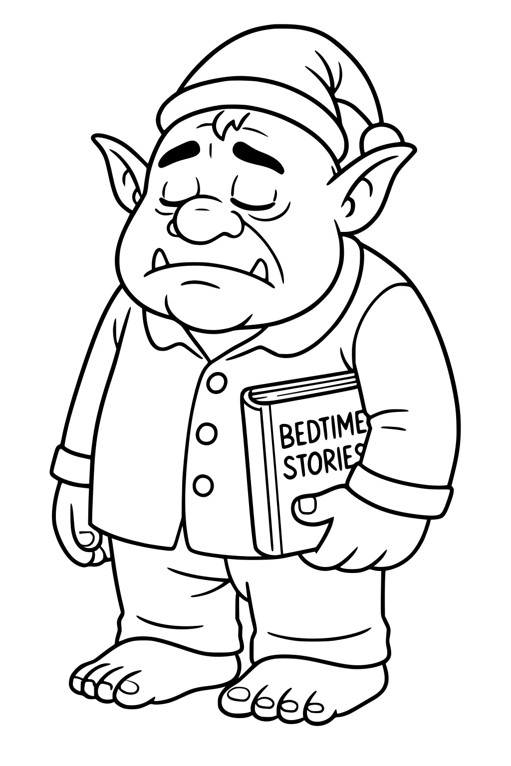 Sleepy boy ogre in pajamas and nightcap holding a Bedtime Stories book, with droopy eyes, tusks, big ears, and bare feet.