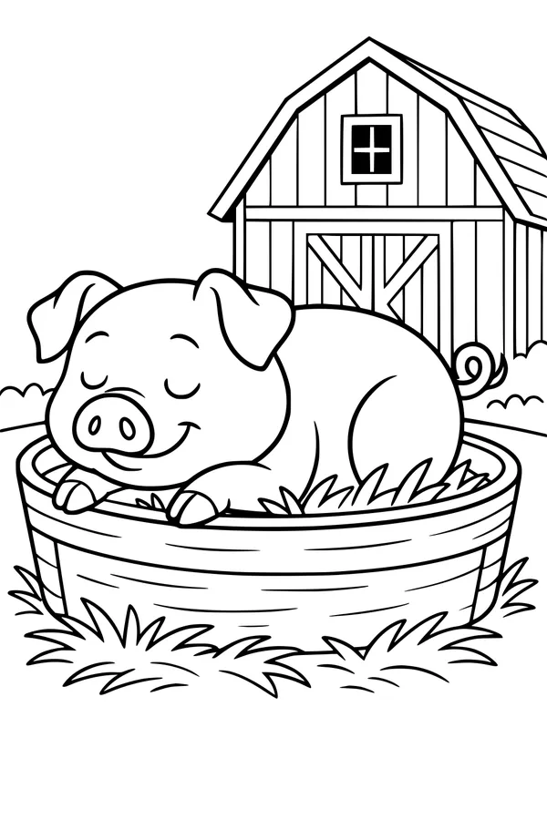 Free Pig Coloring Page - Sleepy Pig in Farmyard Hay Tub (Printable PDF)