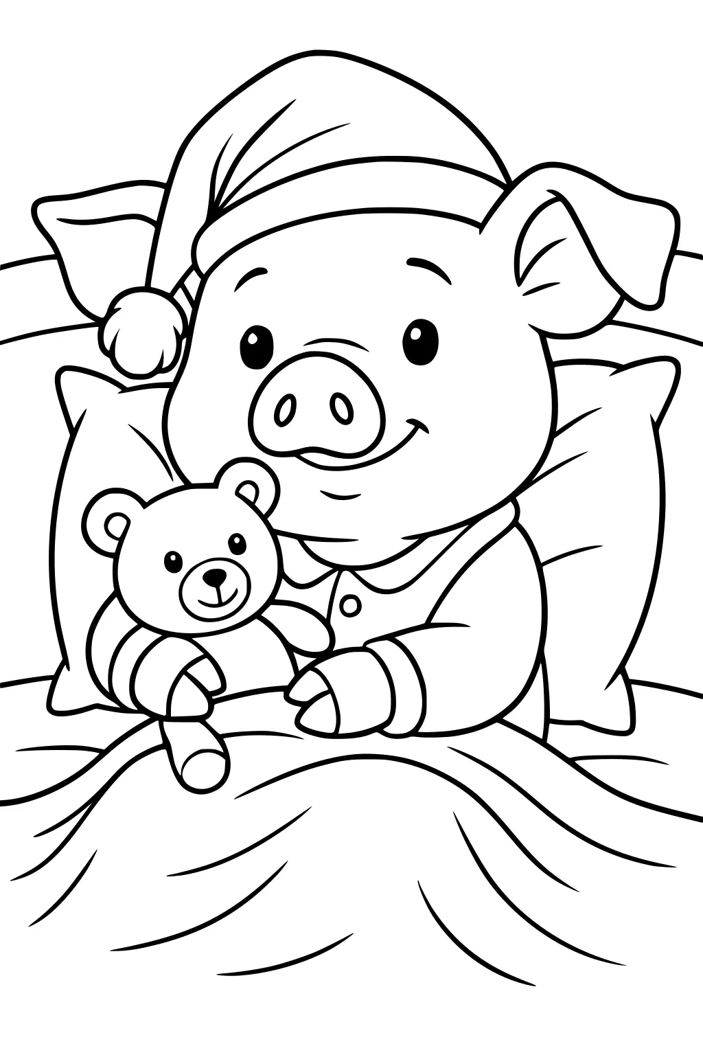 Piglet in pajamas and nightcap cuddling a teddy bear in bed with a blanket and pillows.