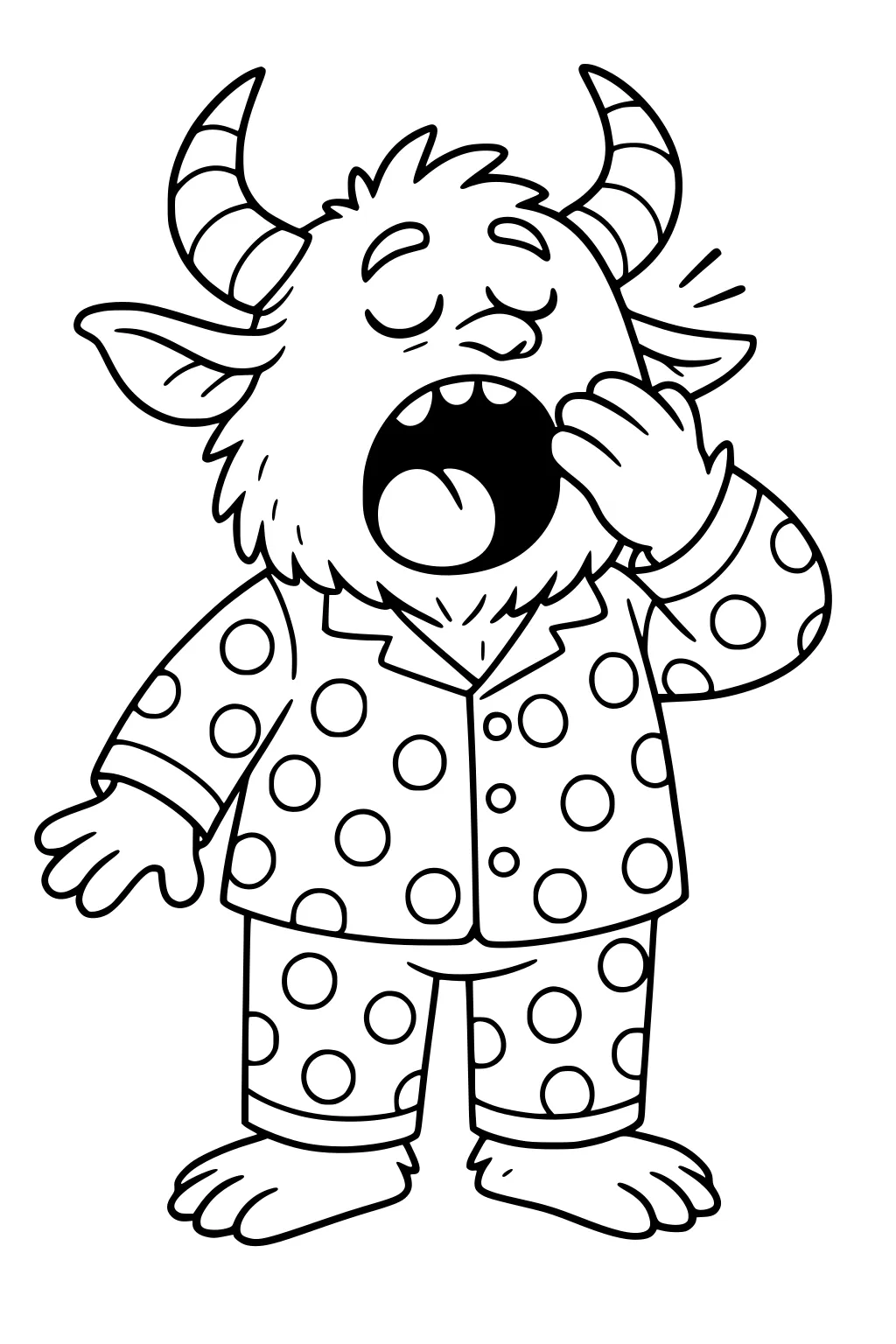 Sleepy horned monster in polka-dot pajamas yawning with hand to mouth, droopy eyelids, furry face, big ears, and bare feet.