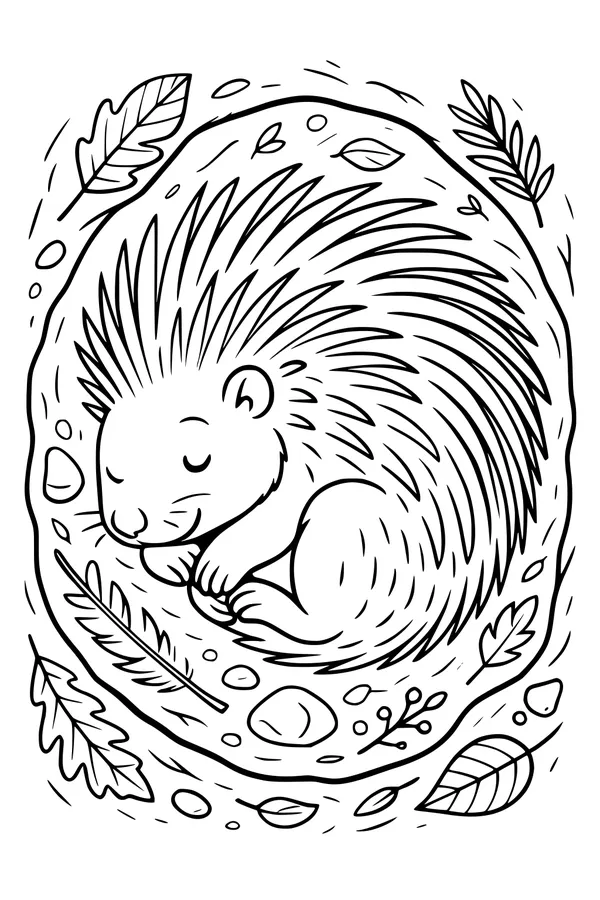 Free Porcupine Coloring Page - Sleeping in a Leafy Forest Nest (Printable PDF)
