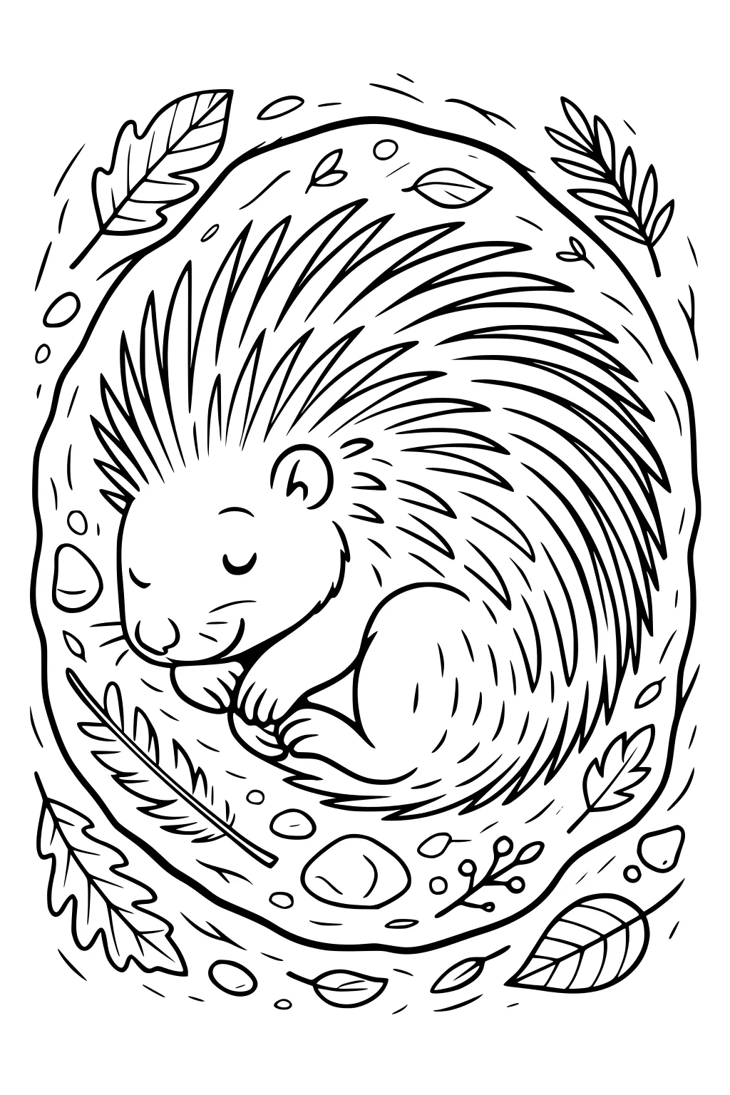 Sleeping porcupine curled up in a leaf nest, surrounded by forest leaves, twigs, and small rocks.