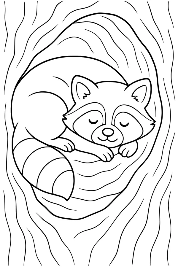 Free Raccoon Coloring Page - Sleepy Woodland Friend in Tree Hollow (Printable PDF)