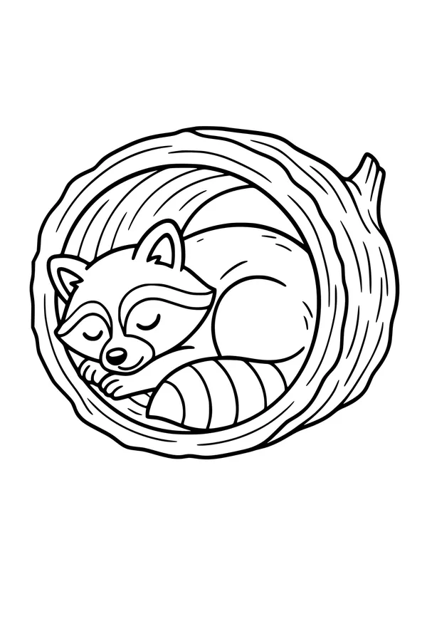 Free Raccoon Coloring Page - Sleeping In A Cozy Tree Hollow (Printable PDF)