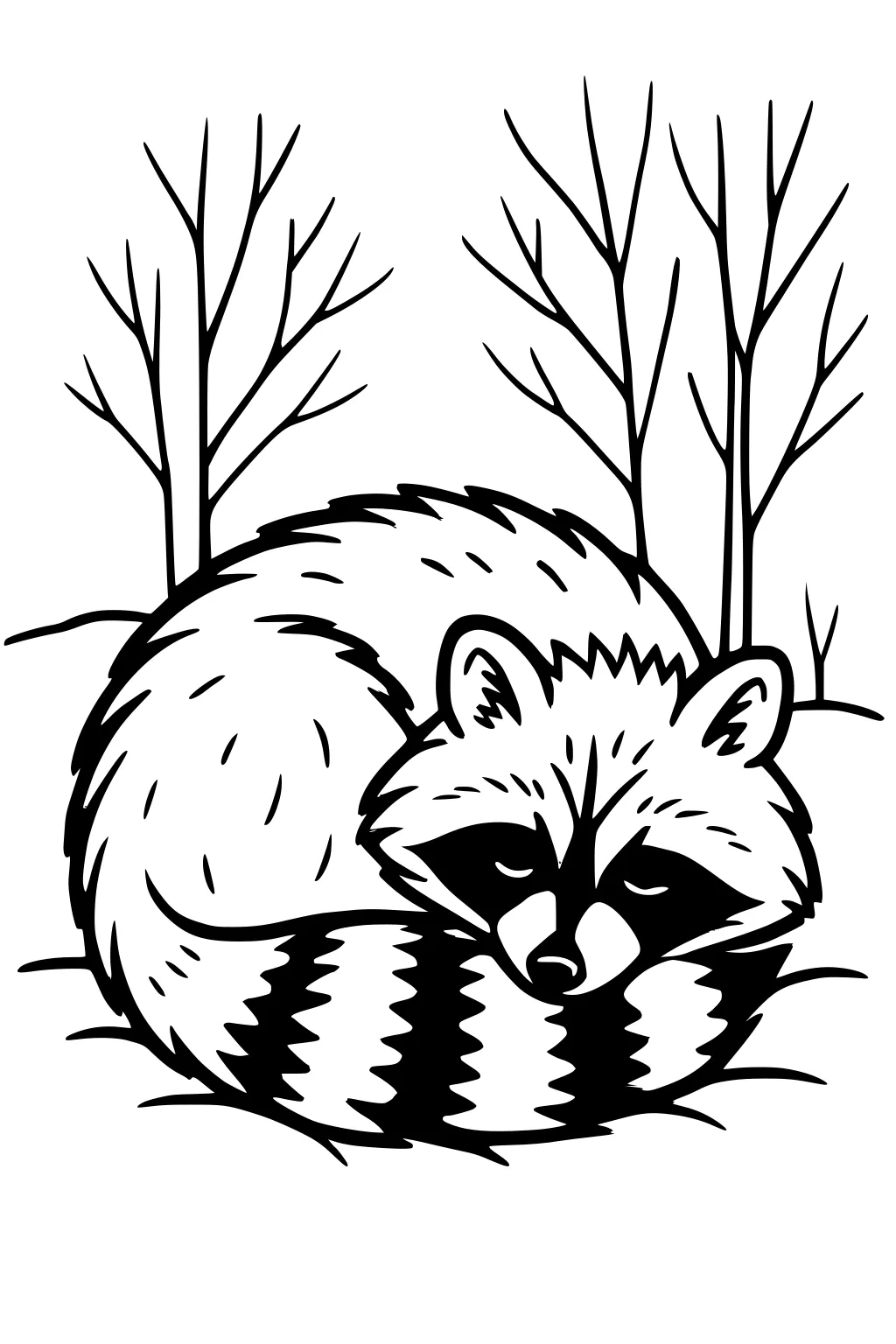 Sleeping raccoon curled in a ball with bushy tail on forest floor, surrounded by bare tree trunks.