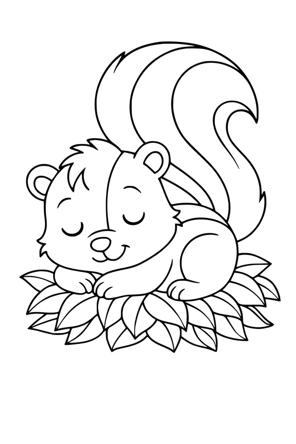 Free Skunk Coloring Page - Sleeping Skunk in Leafy Patch (Printable PDF)