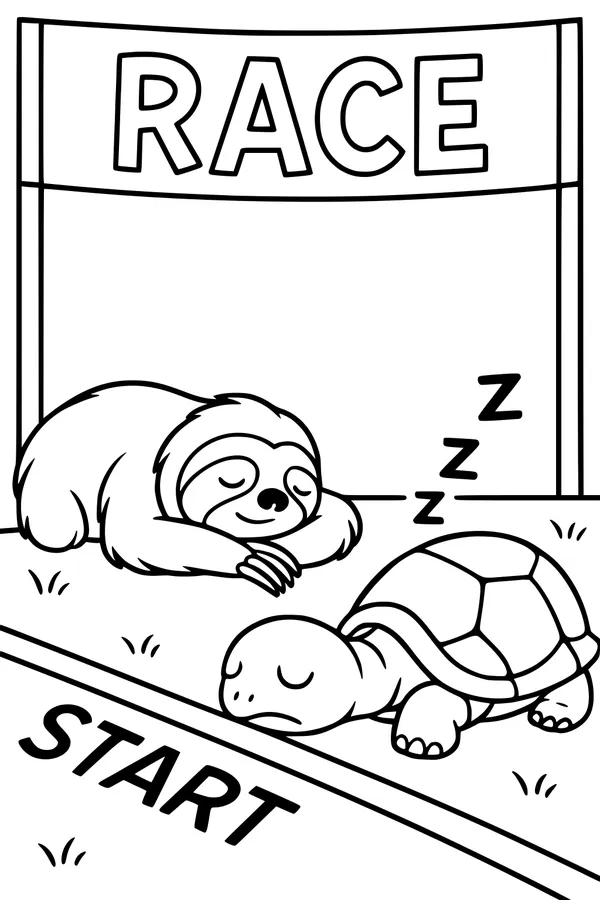 Free Sloth and Turtle Coloring Page - Silly Forest Race Naptime (Printable PDF)