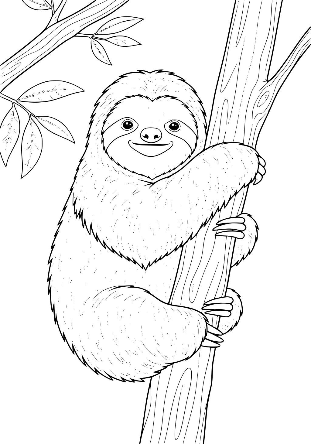 Smiling sloth with shaggy fur hangs onto a tree trunk, with leafy branches in the background.
