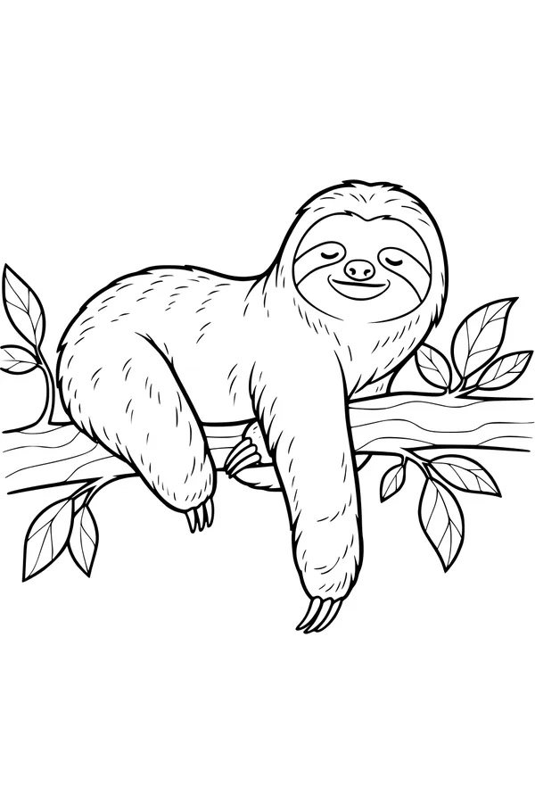 Free Sloth Coloring Page - Smiling Sloth Napping in Jungle Tree (Printable PDF)