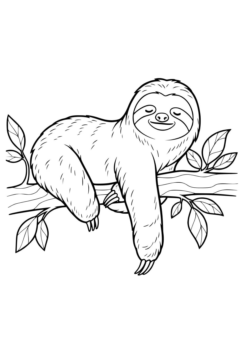 A smiling sloth hangs with legs and arms draped over a tree branch, surrounded by leaves and twigs.
