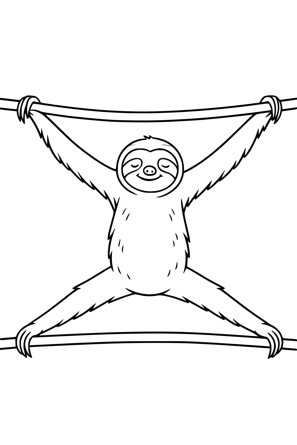 Happy sloth spreading out across two branches, eyes closed, arms and legs wide, holding on with all four limbs.