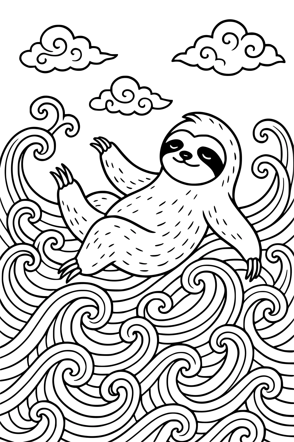 Smiling sloth floating on swirling ocean waves beneath three fluffy, curly clouds.