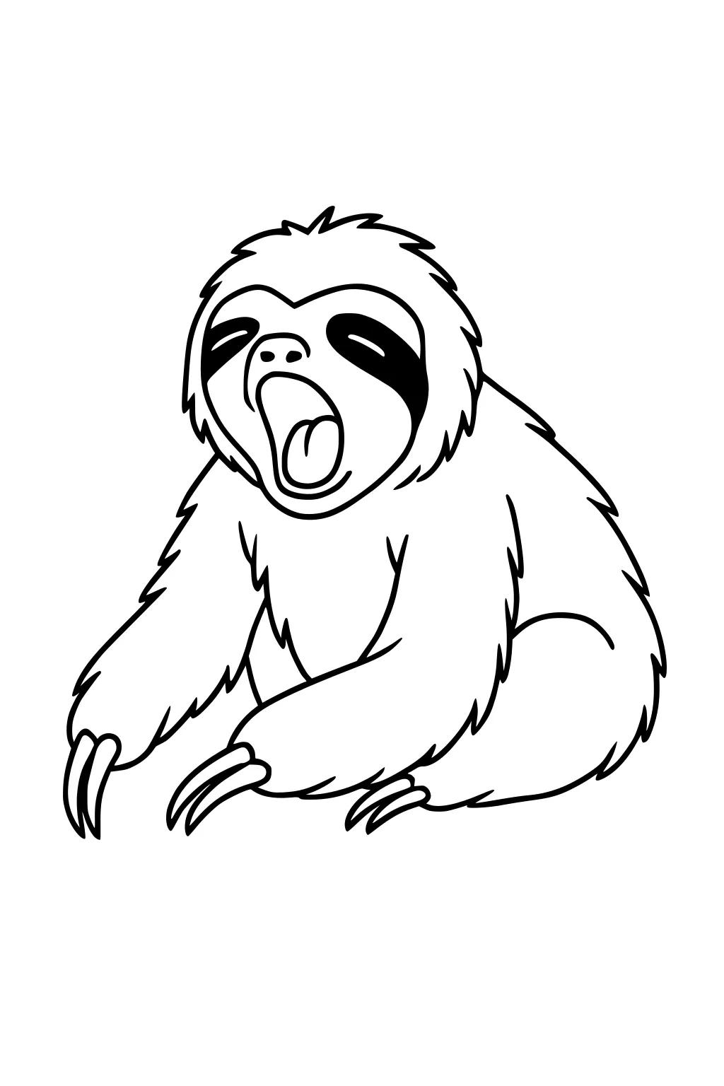 Yawning sloth sitting with paws on the ground, open mouth, shaggy fur, and black patches around the eyes.