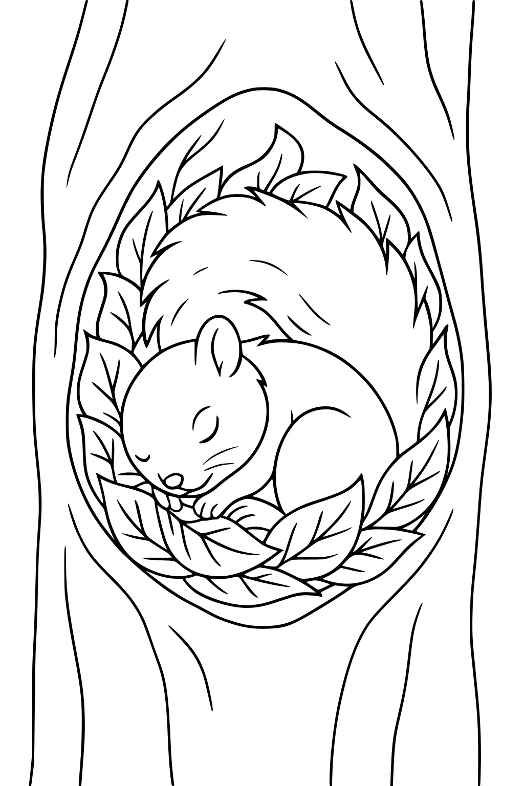 A squirrel sleeping curled up in a leafy nest inside a tree hollow.