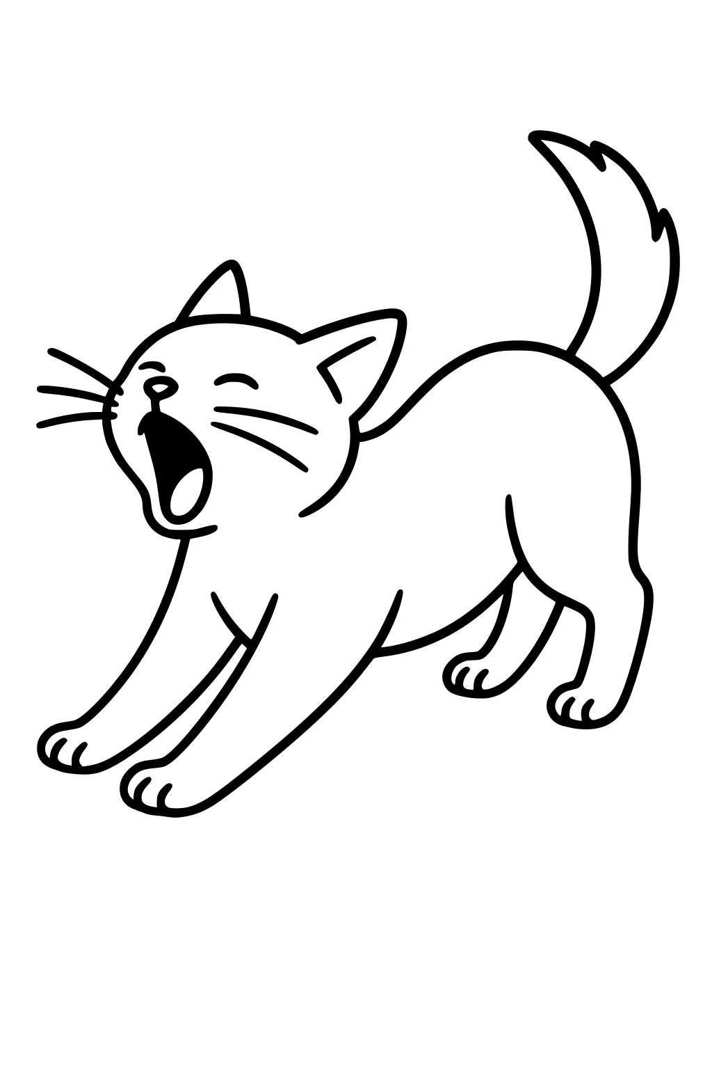 Cartoon cat with eyes closed, mouth open in a yawn, front legs stretched forward and tail curled up.