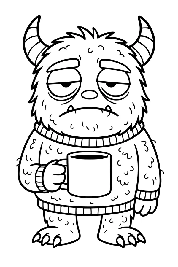 Free Monster Coloring Page - Sleepy Cozy Creature With Morning Mug (Printable PDF)
