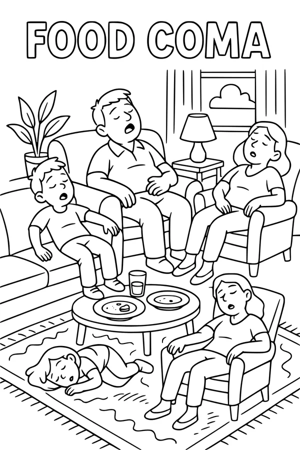 Free Thanksgiving Family Coloring Page - Cozy After-Dinner Nap (Printable PDF)
