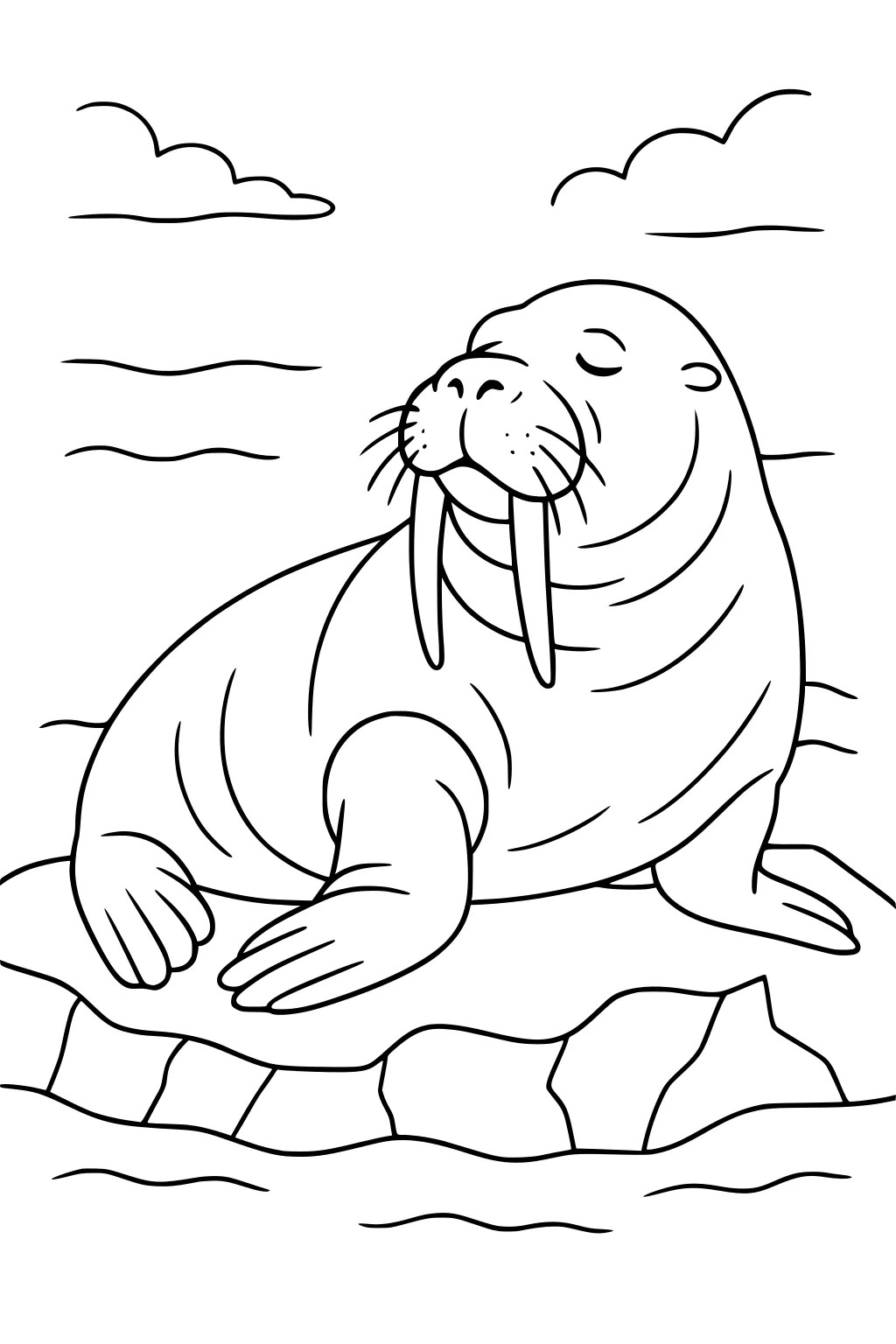 Walrus lying on ice with eyes closed, two tusks, flippers spread, water and clouds in the background.