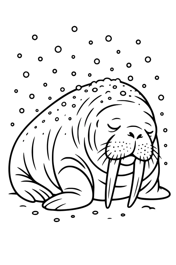Free Walrus Coloring Page - Sleepy Walrus in Falling Snow (Printable PDF)