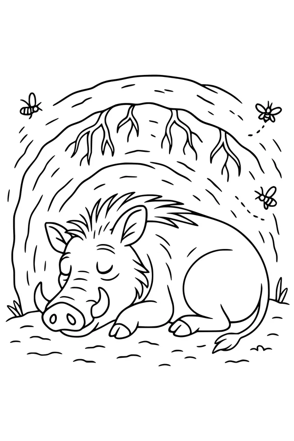 Free Warthog Coloring Page - Sleepy Warthog in a Cozy Burrow (Printable PDF)