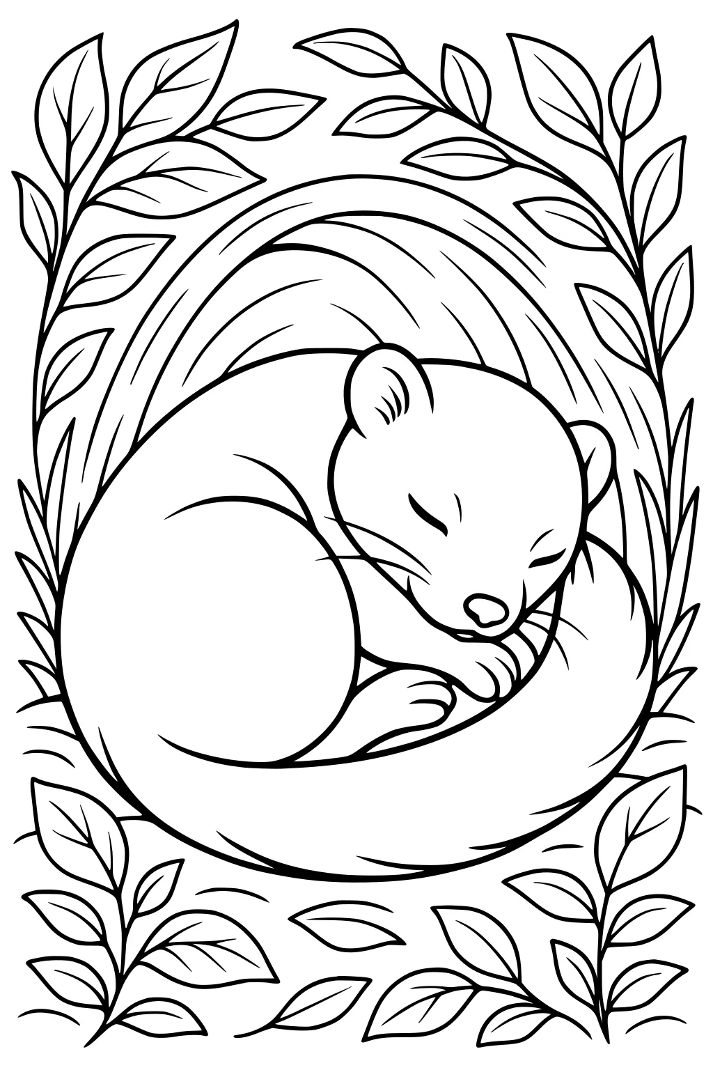 Weasel sleeping curled in a ball, nestled among leafy branches with arched lines behind her head.