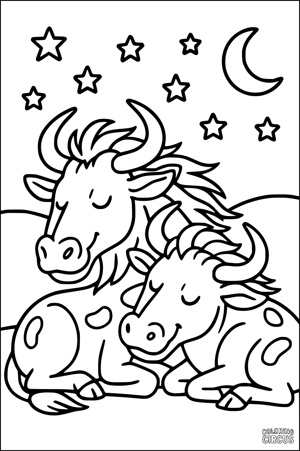 Two wildebeest sleeping close together under a crescent moon and stars with grassy hills in the background.