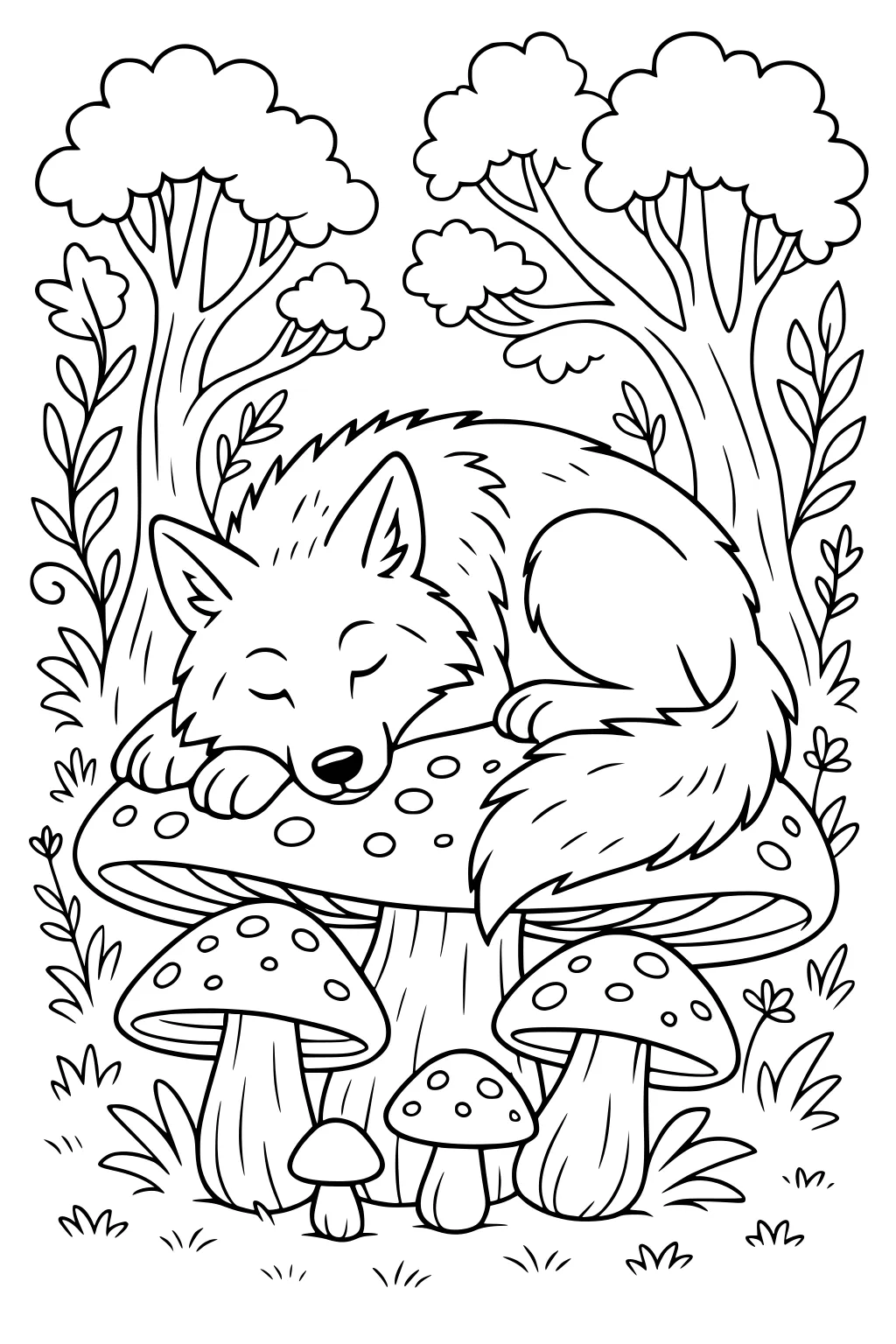 Wolf pup sleeping on a big spotted mushroom, with small toadstools, leafy plants, and rounded trees in a quiet forest.