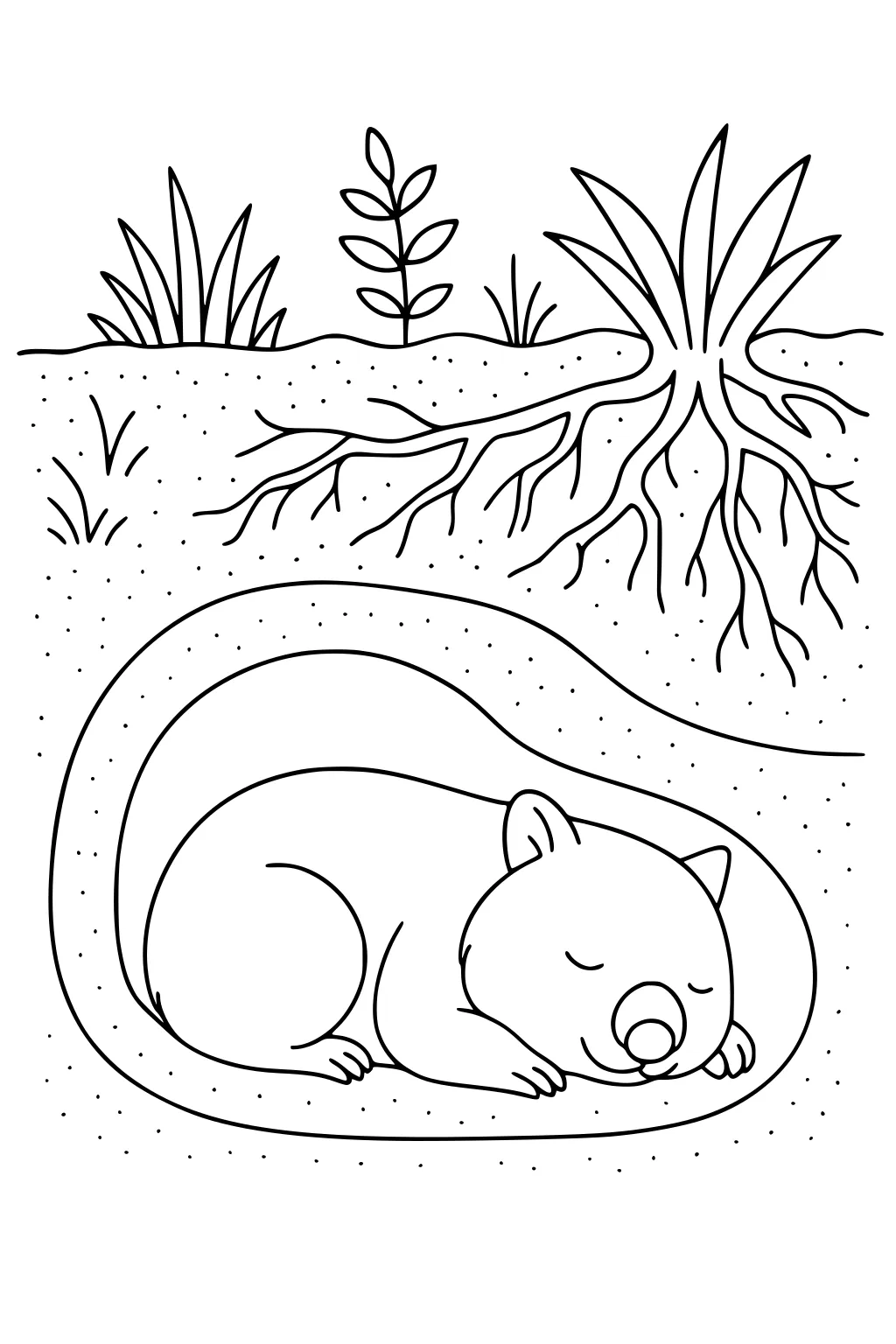 Sleeping wombat curled in an underground burrow, with a curved tunnel, dotted soil, and plant roots and grasses above ground.