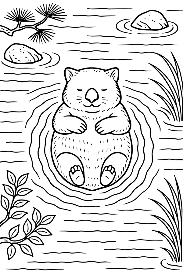 Free Wombat Coloring Page - Sleepy River Float Scene (Printable PDF)