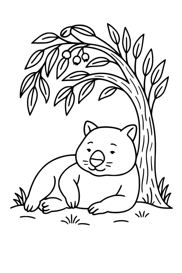 Free Wombat Coloring Page - Sleepy Wombat Under Gum Tree (Printable PDF)