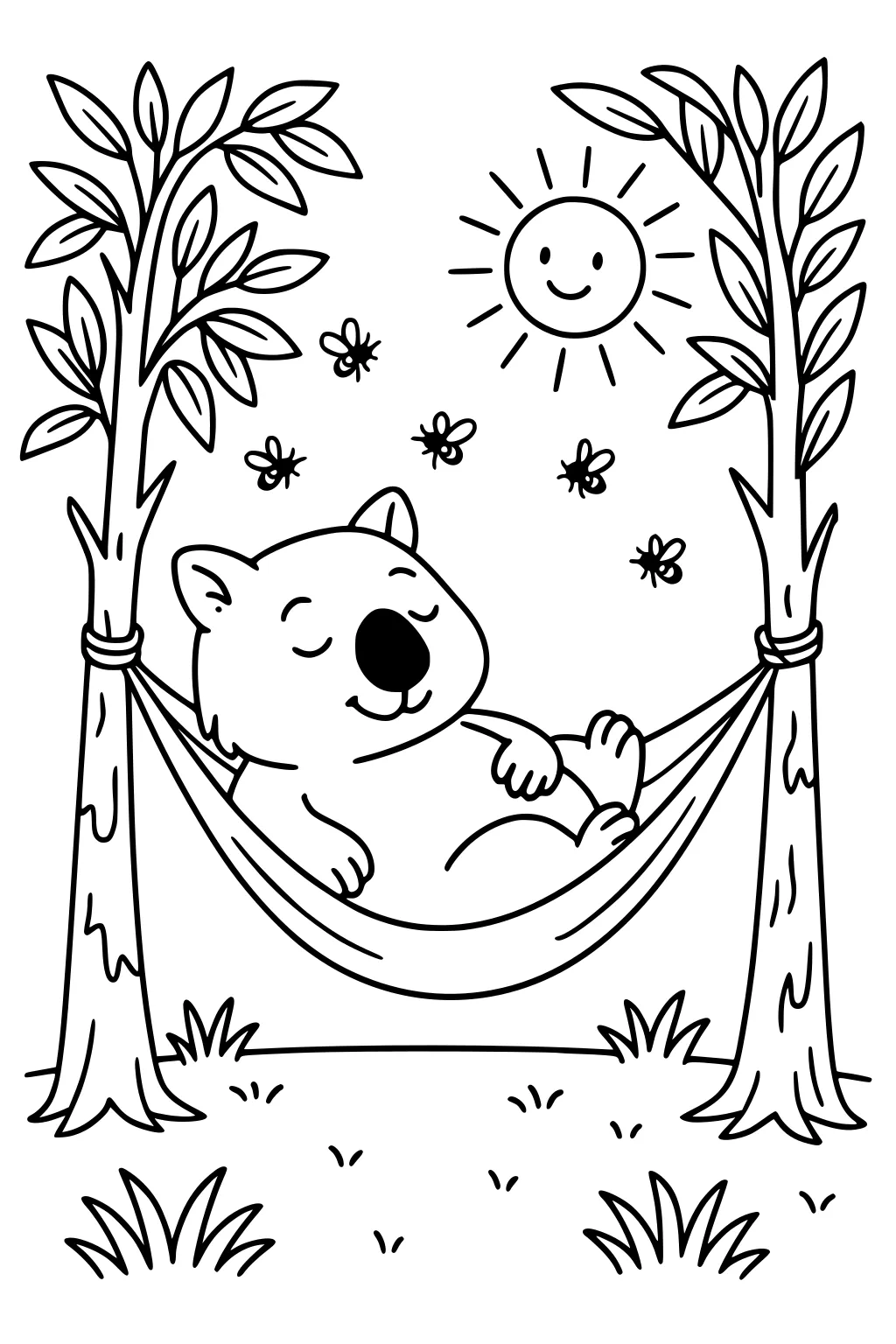 Wombat sleeping in a hammock between two trees, smiling sun above, small bees flying, with leaves and grass patches around.