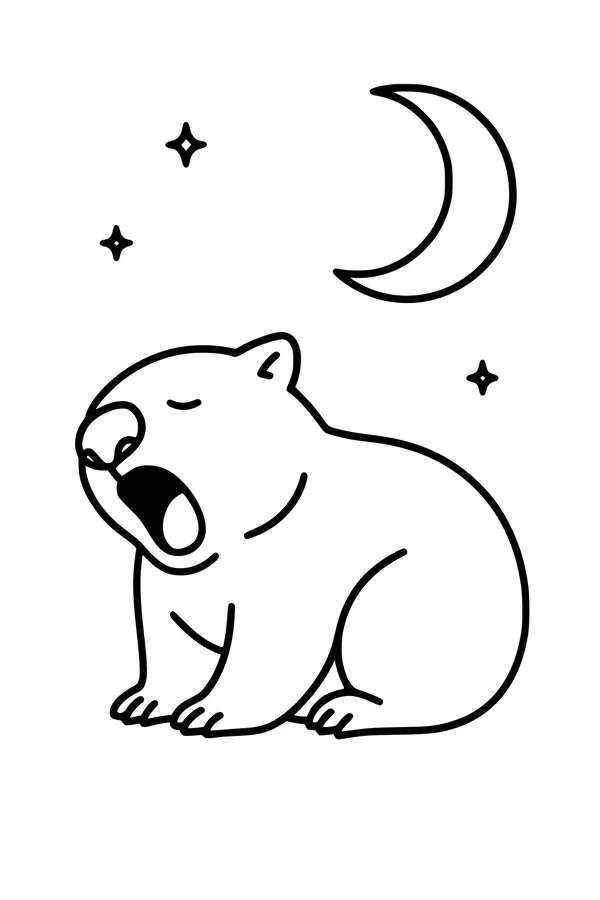 Free Wombat Coloring Page - Sleepy Wombat Under Moon and Stars (Printable PDF)