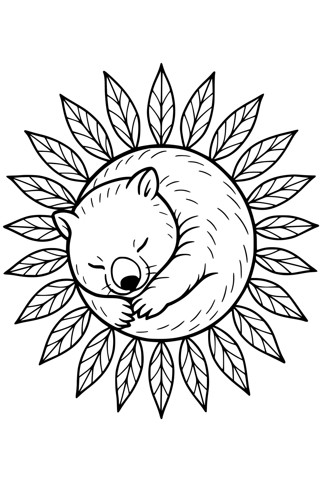Sleeping wombat curled in a ball, eyes closed, paws tucked, ring of pointed veined leaves around her, drawn in bold outlines.