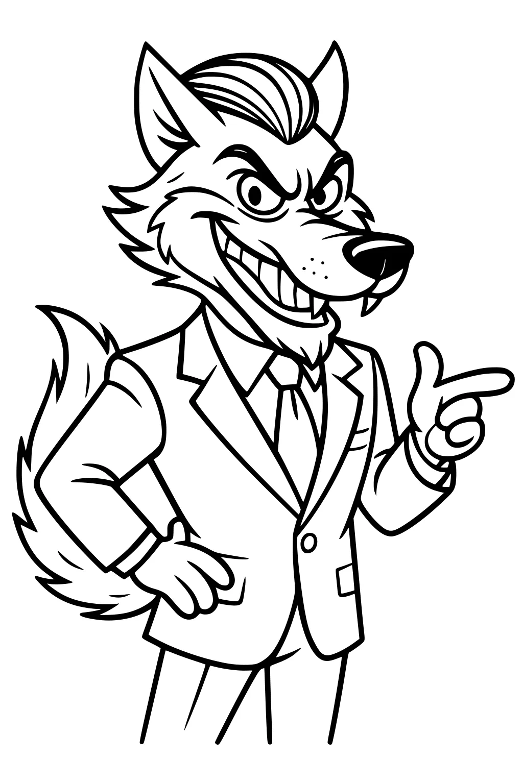 Cartoon wolf in a suit and tie pointing with one finger, other paw on hip, bushy tail, slicked hair, and a wide grin with a fang.