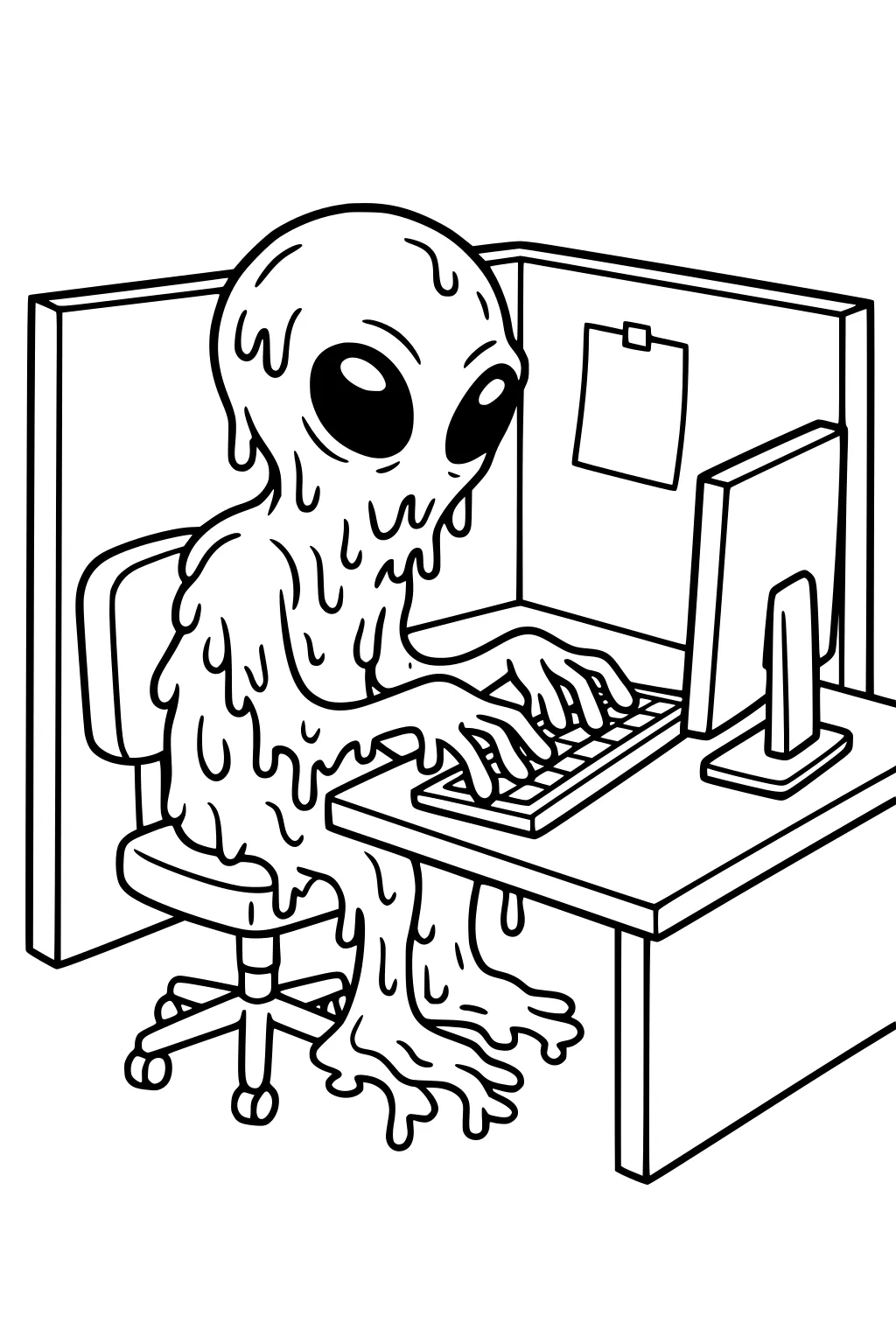 Cartoon slime alien with big black eyes typing on a computer in a cubicle, drips over chair and desk, line art.