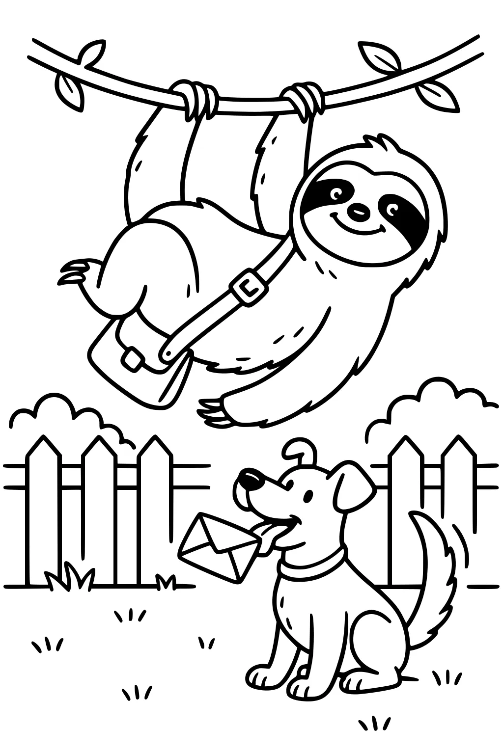 Sloth with a bag hanging from a tree branch over a dog holding a letter in her mouth by a picket fence.