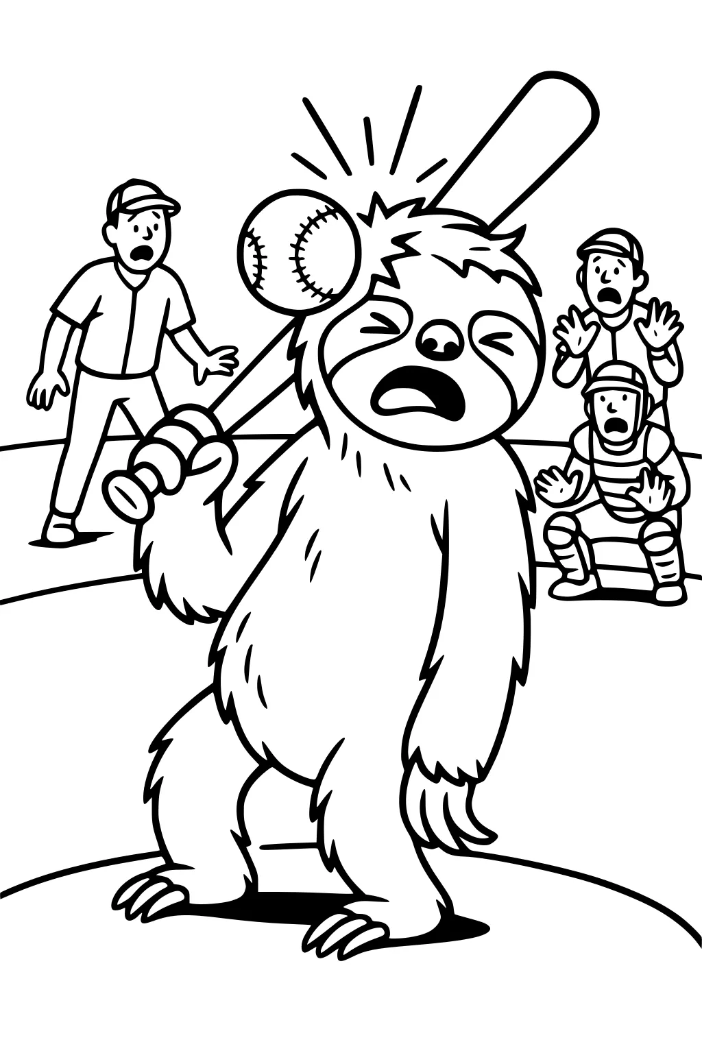 A sloth holding a bat gets hit by a baseball on the forehead while surprised baseball players watch from the field.