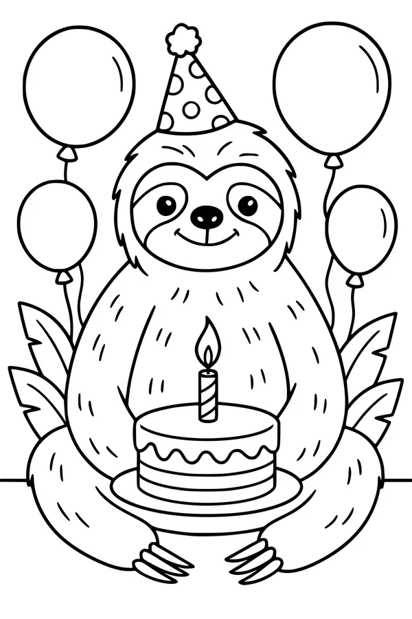Free Sloth Coloring Page - Birthday Party With Balloons (Printable PDF)