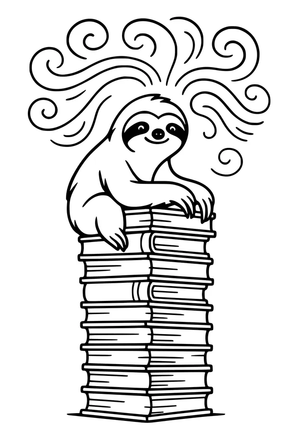 Free Sloth Coloring Page - Relaxing Library Book Stack (Printable PDF)