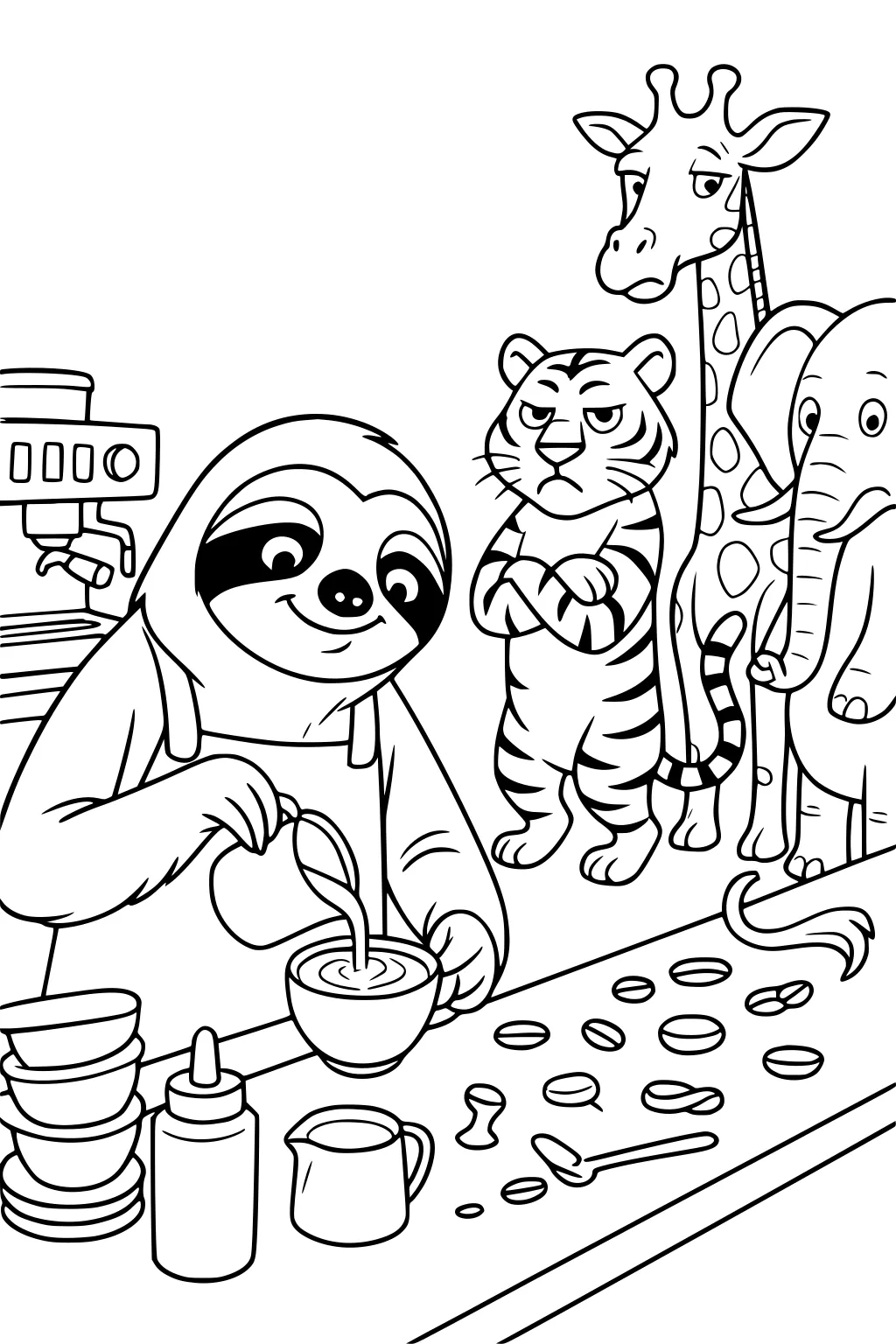 A sloth in an apron making coffee behind a counter, with a giraffe, tiger, and elephant standing in line.