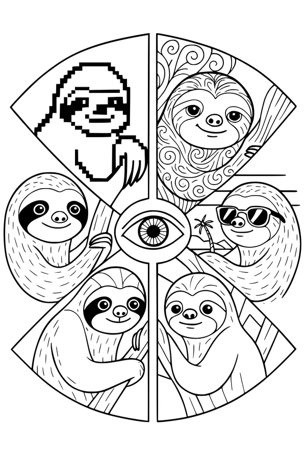 Free Sloth Coloring Page - Six Silly Sloths in a Circle (Printable PDF)