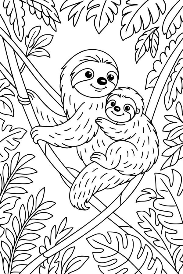 Free Sloth Coloring Page - Mother And Baby In Jungle Canopy (Printable PDF)