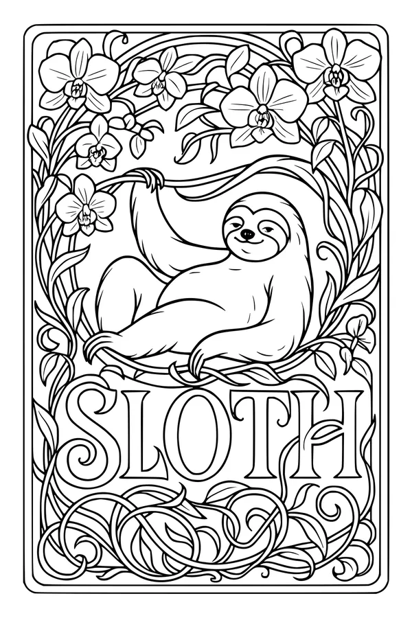 Free Sloth Coloring Page - Smiling Sloth in Orchid Jungle (Printable PDF)