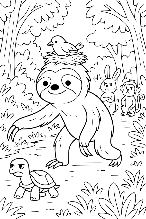 Free Sloth Coloring Page - Forest Parade With Animal Friends (Printable PDF)
