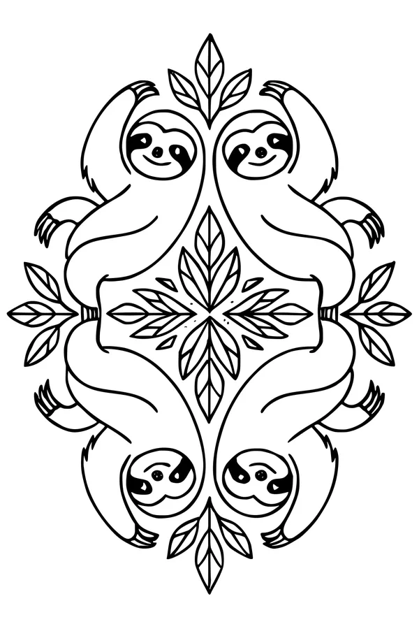 Free Sloth Coloring Page - Four Sloths in a Leafy Circle (Printable PDF)