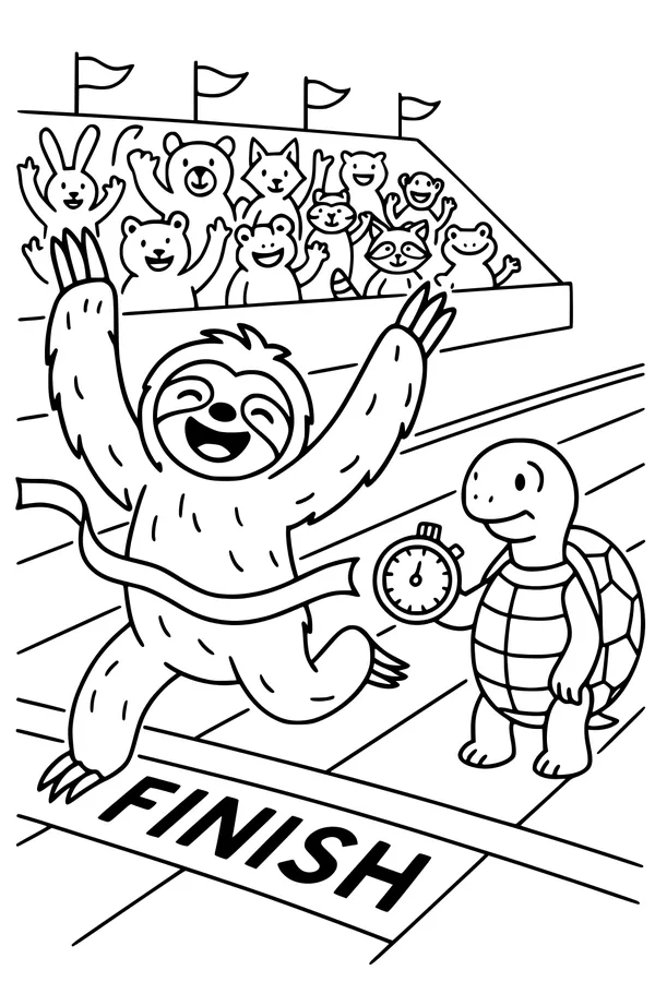Free Sloth Coloring Page - Racing to the Finish Line (Printable PDF)