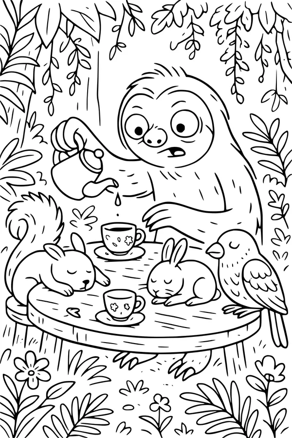 Free Sloth Coloring Page - Forest Tea Party with Sleepy Friends (Printable PDF)